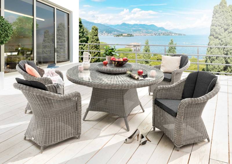 Destiny Garten-Essgruppe MALAGA LUNA, 4x Sessel inkl. Polster 1x Tisch Ø 150 x 75 cm mit Drehteller von Destiny