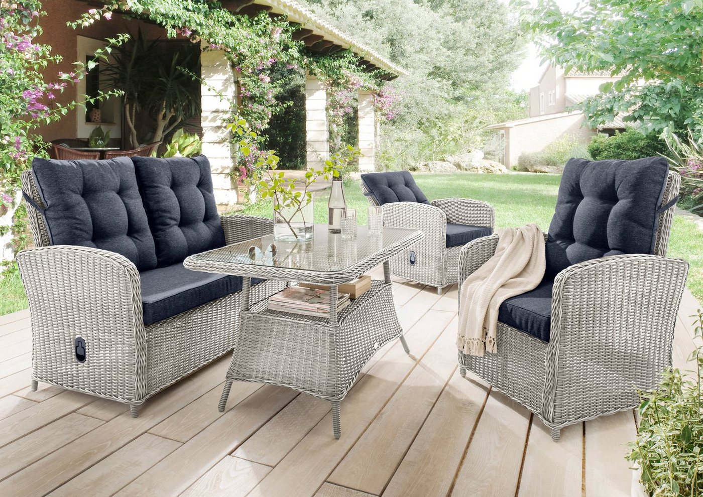 Destiny Gartenlounge-Set MERANO, (11-tlg), Polyrattan, 2 Sessel, 2er Sofa, 1 Tisch 120x77x66cm, inkl. Auflagen von Destiny