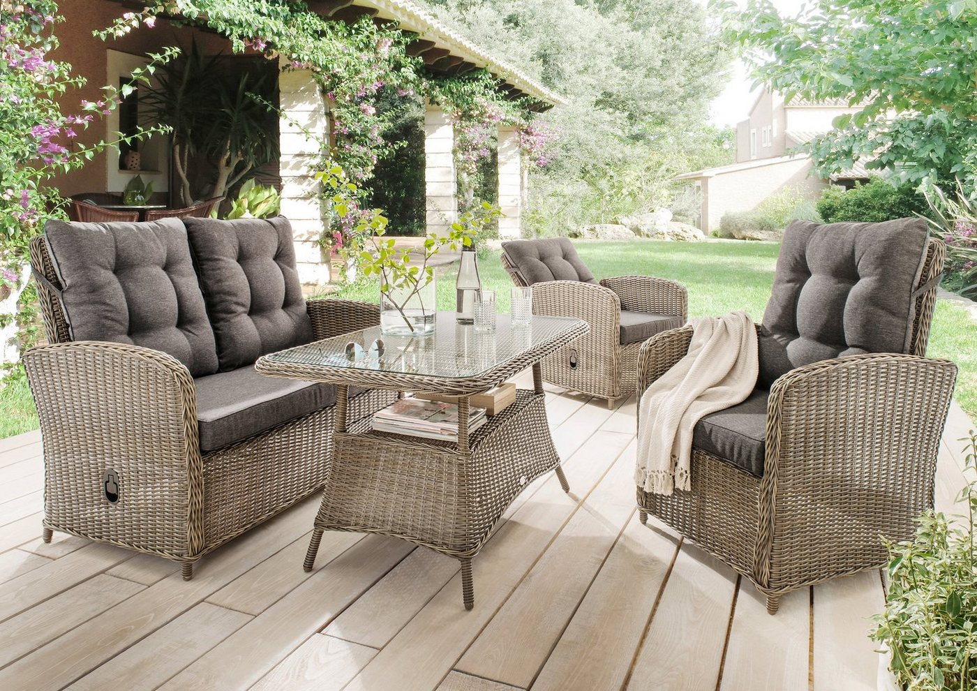 Destiny Gartenlounge-Set MERANO, (11-tlg), Polyrattan, 2 Sessel, 2er Sofa, 1 Tisch 120x77x66cm, inkl. Auflagen von Destiny