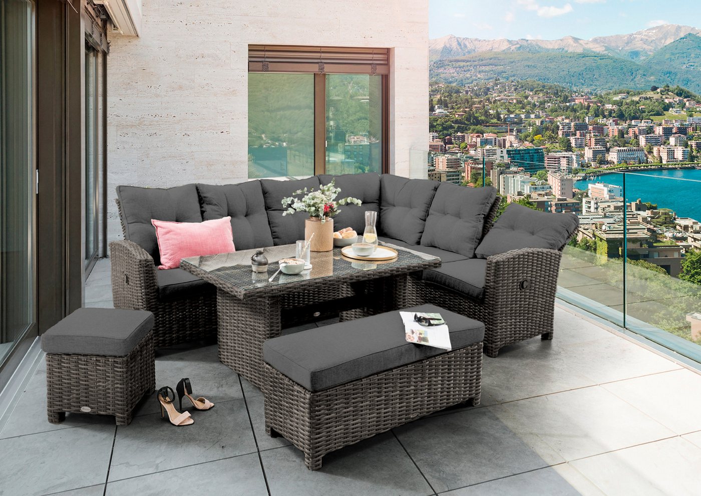 Destiny Gartenlounge-Set PARMA, 2x Schenkel, 2x Hocker, 1x Tisch 140x80x64 cm, braun meliert von Destiny