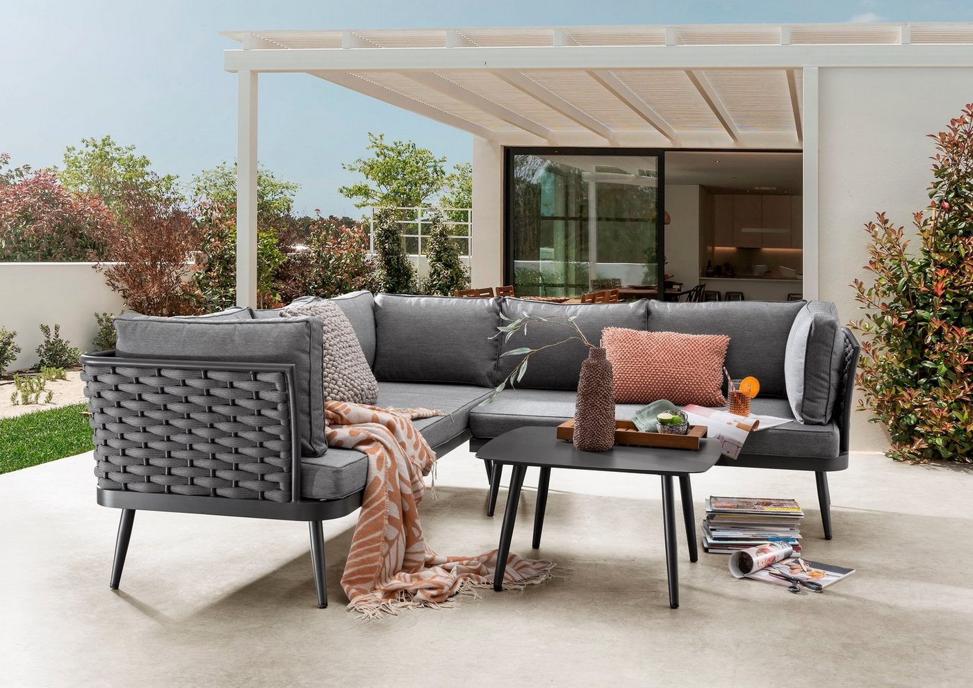 Destiny Gartenlounge-Set RIMINI, (Set, 13-tlg), Ecklounge, Textilene Rope grau, Sofatisch 70 x 70 x 40 cm von Destiny