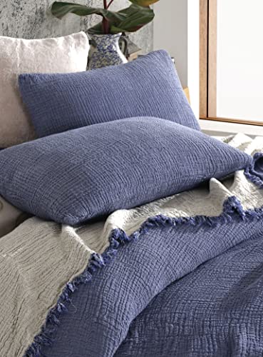 Vierlagige, zweifarbige Musselin Decke, sehr weich, ultraleicht. . Stoff. Verfügbar für Erwachsene, Jugendliche, Kinder und Babys. (2 Stück Standard-Kissenbezüge 80 x 80 cm, Indigo und Beige) von DestinyHomeTex