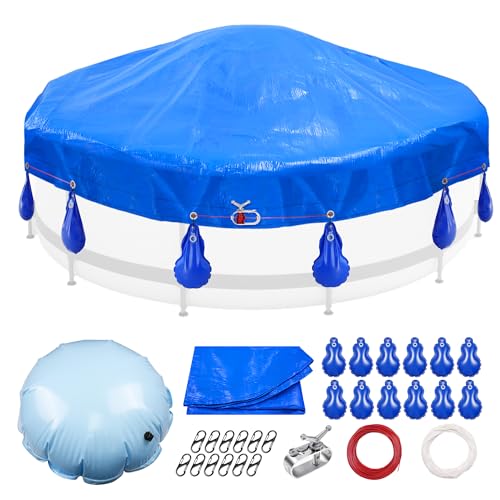 Runde Poolabdeckung für oberirdische Pools – Winter-Poolabdeckungs-Sets mit 9,1 cm großen Poolkissen, 12 Poolabdeckungsgewichten, Kabelspanner und Seilspanner und Haken, Pool-Winterabdeckungszubehör von Desunqin