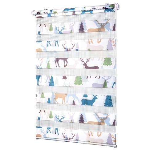Deswell Doppelrollo mit Muster Weiß-Elch B80 x H120 cm(Stoffbreite 76cm), Doppelrollo Klemmfix ohne Bohren mit Motiv, Duo Rollos für innen Klemmrollo Fensterrollo Fensterrollo für Kinderzimmer von Deswell