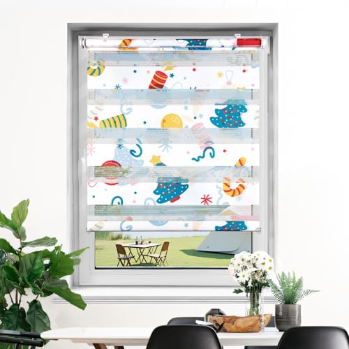 Deswell Doppelrollo mit Muster Weiß-Feuerwerk B60 x H120 cm (Stoffbreite 56cm), Doppelrollo Klemmfix ohne Bohren mit Motiv, Duo Rollos für innen Fenster Zebrarollo Fensterrollo für Kinderzimmer von Deswell