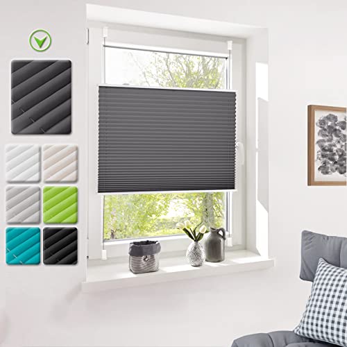 Deswell Plissee Rollo Jalousie ohne Bohren Klemmfix für Fenster & Tür Anthrazit 60 x 130 cm(Breite x Höhe), Plisseerollo Stoff Sonnenschutz leicht zu montieren & Verspannt 4Locks von Deswell