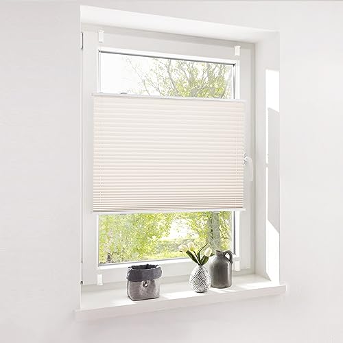 Deswell Plissee Rollo Jalousie ohne Bohren Klemmfix für Fenster & Tür Beige 100 x 120 cm (Breite x Höhe), Plisseerollo Stoff Sonnenschutz leicht zu montieren & Verspannt 4 Locks von Deswell