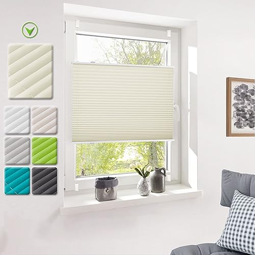 Deswell Plissee Rollo Jalousie ohne Bohren Klemmfix für Fenster & Tür Creme 50 x 130 cm(Breite x Höhe), Plisseerollo Stoff Sonnenschutz leicht zu montieren & Verspannt 4 Locks von Deswell