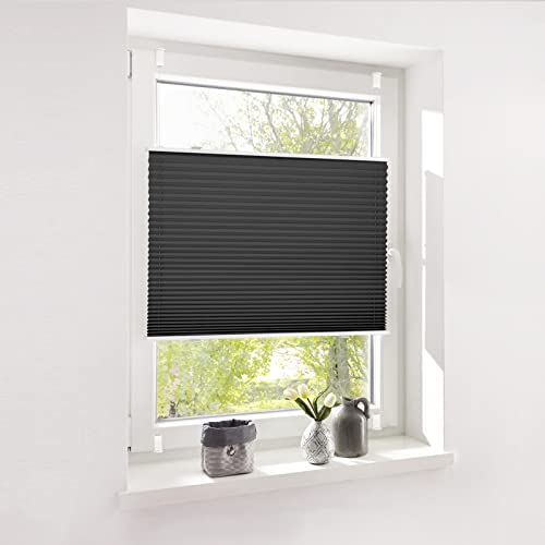 Deswell Plissee Rollo Jalousie ohne Bohren Klemmfix für Fenster & Tür Schwarz 45x120cm(Breite x Höhe) Plisseerollo Stoff Sonnenschutz leicht zu montieren & Verspannt 4 Locks von Deswell