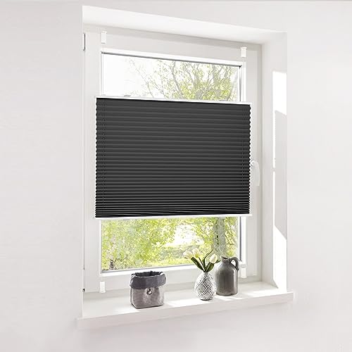 Deswell Plissee Rollo Jalousie ohne Bohren Klemmfix für Fenster & Tür Schwarz 90 x 120 cm(Breite x Höhe), Plisseerollo Stoff Sonnenschutz leicht zu Montieren & Verspannt 4 Locks von Deswell