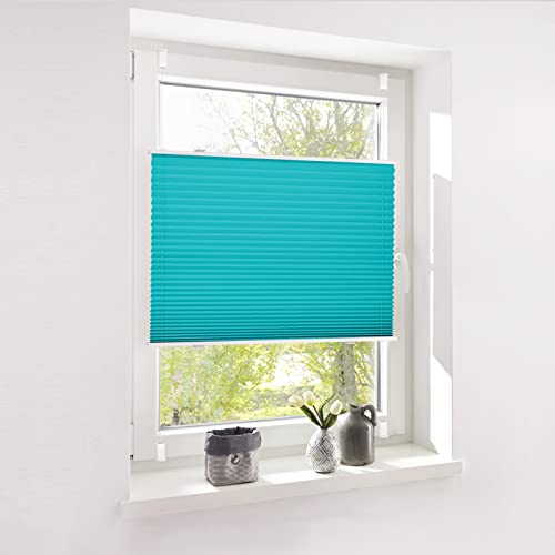 Deswell Plissee Rollo Jalousie ohne Bohren Klemmfix für Fenster & Tür Türkis 100x120cm(Breite x Höhe) Plisseerollo Stoff Sonnenschutz leicht zu montieren & Verspannt 4 Locks von Deswell