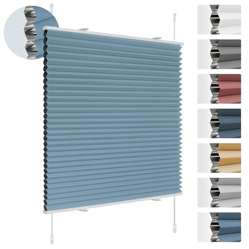 Deswell Plissee Verdunklung Klemmfix Wabenplissee B55 x H120 cm Hellblau Thermoplissee ohne Bohren Faltrollo für Fenster & Tür, 100% Blickdicht, Sicht- & Schallschutz Wärmehaltung Verdunklungsplissee von Deswell