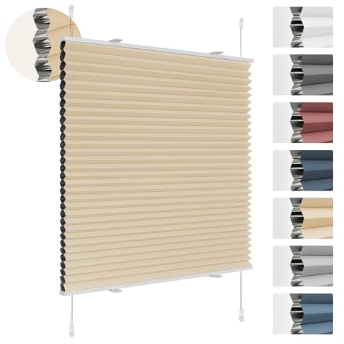Deswell Plissee Verdunklung Klemmfix Wabenplissee B70 x H120 cm Beige Thermoplissee ohne Bohren Faltrollo für Fenster & Tür, 100% Blickdicht, Sicht- & Schallschutz Wärmehaltung Verdunklungsplissee von Deswell
