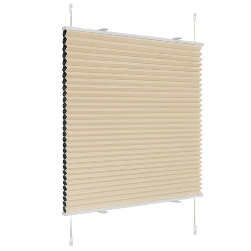 Deswell Plissee Verdunklung Klemmfix Wabenplissee B80 x H110 cm Beige Thermoplissee ohne Bohren Faltrollo für Fenster & Tür, 100% Blickdicht, Sicht- & Schallschutz Wärmehaltung Verdunklungsplissee von Deswell