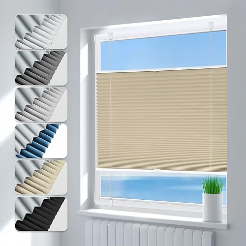 Deswell Plissee ohne Bohren Verdunkelung Klemmfix Verdunklungsplissee B100 x H120 cm Hellbeige, 100% Blickdicht lichtundurchlässig Thermo Plissee Faltrollo Sichtschutz Sonnenschutz für Fenster Tür von Deswell