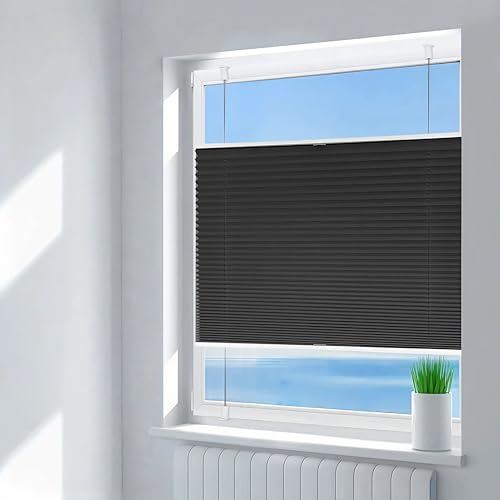 Deswell Plissee ohne Bohren Verdunkelung Klemmfix Verdunklungsplissee B90 x H110 cm Schwarz, 100% Blickdicht lichtundurchlässig Thermo Plissee Faltrollo Sichtschutz Sonnenschutz für Fenster Tür von Deswell