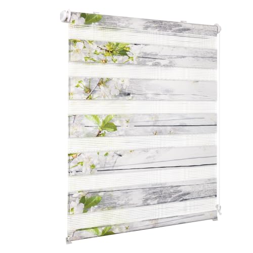 Doppelrollo Klemmfix ohne Bohren Weiß-Blüten 60x150cm(BxH)，Deswell Rollos für Fenster ohne Bohren mit Blüten Motiv Duorollo Klemmrollos für Fenster mit Lichtdurchlässig Höhe Stufenlos Verstellbar von Deswell