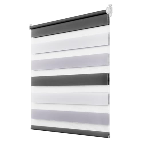 Deswell Doppelrollo Klemmfix ohne Bohren Weiß-Grau-Anthrazit B70 x H130 cm (Stoffbreite 66cm) Rollos für Fenster ohne Bohren für Fenster mit Lichtdurchlässig & Verdunkelnd/Höhe Stufenlos Verstellbar von Deswell