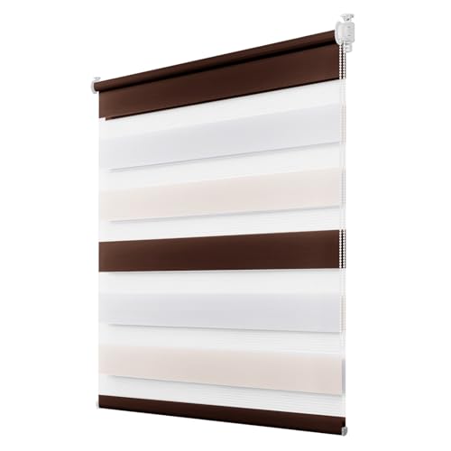 Deswell Doppelrollo Klemmfix ohne Bohren Weiß-beige-braun B90 x H130 cm (Stoffbreite 86cm) Rollos für Fenster ohne Bohren für Fenster mit Lichtdurchlässig & Verdunkelnd/Höhe Stufenlos Verstellbar von Deswell