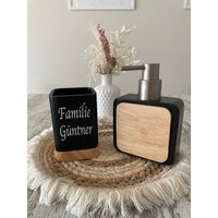 Seifenspender + Zahnputzbecher Set Schwarz Bambus Personalisiert Familie Badezimmer von DetailsLiebe