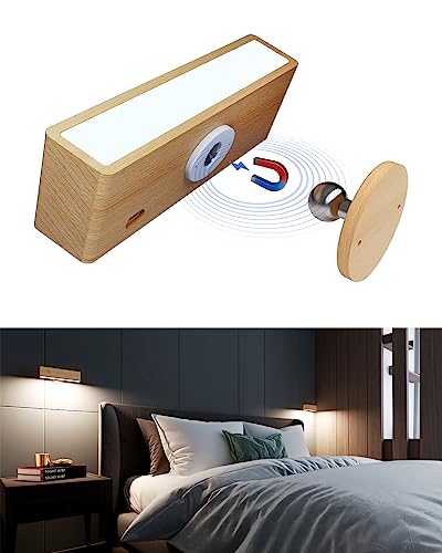 DetarZinLED Akku Wandleuchte Innen,Wandleuchte Kabellos Dimmbar 1 Stück Touch Control,Lampe ohne Bohren und Stromanschluss,Holz Wandlampe 360° drehbare Magnetische für Schlafzimmer Wohnzimmer von DetarZinLED