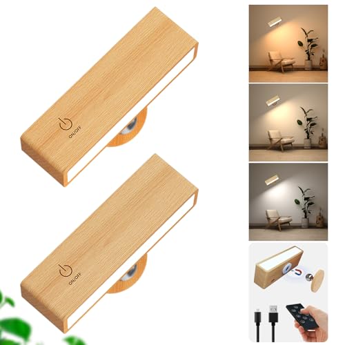 DetarZinLED Akku Wandleuchte Innen mit Fernbedienung,2 Stück Wandleuchte ohne Stromanschluss,LED Wandleuchte Kabellos mit 3 Farbmodi,360° Drehbarer Holz Aufladbare Wandlampe für Schlafzimmer von DetarZinLED
