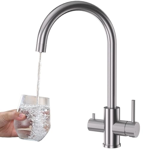3 Wege Küchenarmatur Küche, DETBOM Wasserfilter Wasserhahn für Trinkwasser Küchenspüle, Trinkwasserhahn mit 2 Hebel, 3 in 1 Hochdruck Mischbatterie Küche 360° Drehbar Küchenarmatur-Gebürstetes Silber von Detbom
