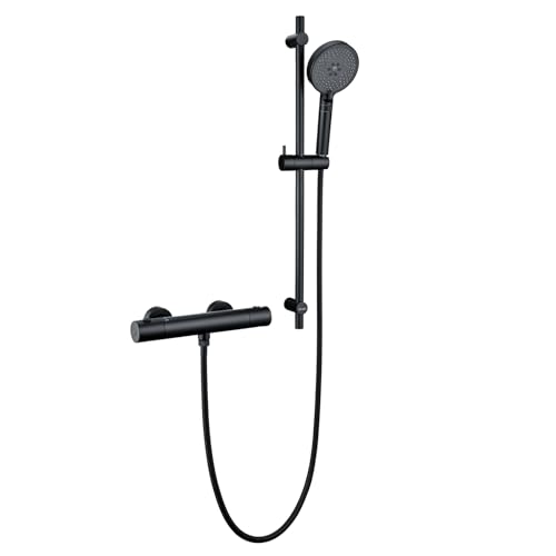 DETBOM Duschsystem mit Thermostat, Duschkopf mit Schlauch und Halterung, Edelstahl Brausestange, Handbrausesch-Duschset mit 3 Strahl Handbrause (70cm Duschstange, Duschkopf, 1,5m Schlauch, Halterung) von Detbom