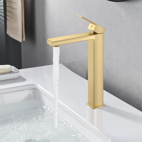 DETBOM Wasserhahn Bad Gold, Extra Hohe Armatur mit 250mm Auslaufhöhe für Aufsetzwaschbecken, Gold Waschtischarmatur Hoch Auslauf, Einhebel-Mischbatterie - Armatur Brushed Gold von Detbom