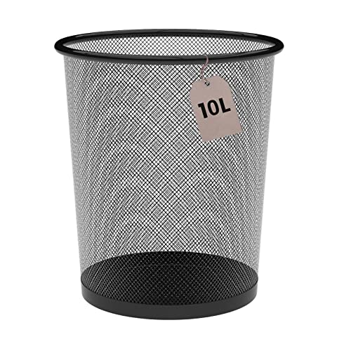 Detectalia Papierkorb aus Metallgeflecht 10 Liter Schwarz Ø23,5 x 27 cm. Büro Mülleimer, Abfalleimer für Zimmer unter Schreibtisch, Papiereimer aus Drahtgeflecht, Küchenabfalleimer und Badabfalleimer von Detectalia