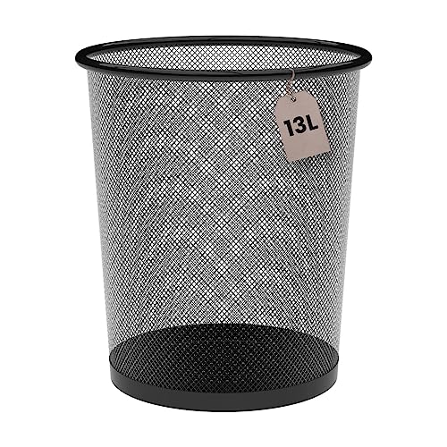 Detectalia Papierkorb aus Metallgeflecht 13 Liter Schwarz Ø26,5 x 28 cm. Büro Mülleimer, Abfalleimer für Zimmer unter Schreibtisch, Papiereimer aus Drahtgeflecht, Küchenabfalleimer und Badabfalleimer von Detectalia