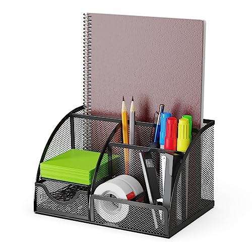 Detectalia Schreibtisch Organizer und Stifthalter mit Schublade und 6 Fächern aus Metallgeflecht, Schwarz, 7 Fächern von Detectalia