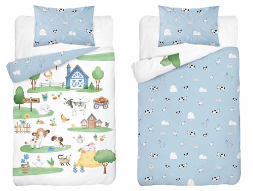 Kinder Bettwäsche Set Farm Motiv, 100 x 135 cm Bettbezug, 40 x 60 cm Kissenbezug, 100% Baumwolle, Bauernhof Design, Ökotex (Blau) von Detexpol