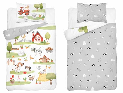 Kinder Bettwäsche Set Farm Motiv, 100 x 135 cm Bettbezug, 40 x 60 cm Kissenbezug, 100% Baumwolle, Bauernhof Design, Ökotex (Grau) von Detexpol
