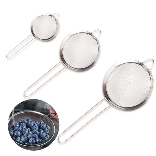 3 Stück Küchensieb Set, Sieb Edelstahl Set 7/12/18 cm, Nudelsiebe Feinmaschig, Küchensieb Edelstahl, Haushaltssieb mit Griff zum Backen und Kochen von Detontek