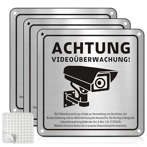 3pcs Schild Videoüberwachung mit DSGVO Hinweis, Alu Warnschild Kamera Überwachung, Achtung Videoüberwachung Schild 15x15 cm, kamera schild überwachung Wasserfest, Rostfrei, für Innen und Außenbereich von Detontek