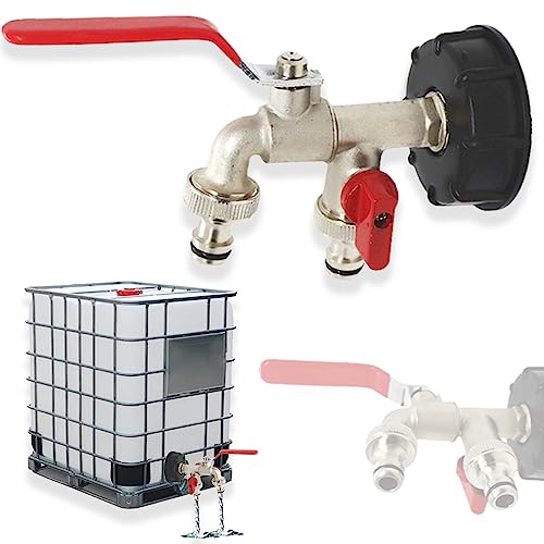 IBC Tank Zubehör 1/2 Zoll,Garten Wasserhahn,S60X6 Grobgewinde IBC Adapter, Regenwassertank Anschluss Zubehöre,Doppel-Wasserhahn mit 1/2'' Einlass und 3/4'' Auslass, für 1000l Wassertank Regentonne von Detontek