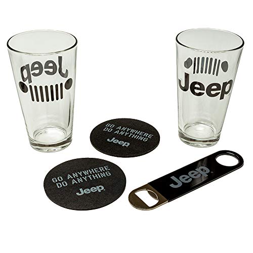 Jeep Pint Glas Geschenk-Set 2 Gläser und Untersetzer plus Flaschenöffner von Detroit Shirt Company