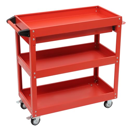 Rot Rollender Werkzeugwagen, 3-stufiger Werkzeugwagen mit Lagerschublade, für Werkstätten, Garagen, Lagerhäuser, Baustellen 76.3 * 35.3 * 83.5cm von Dettchan