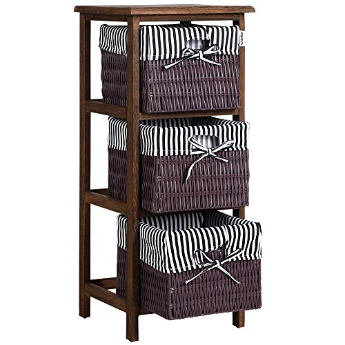 CASARIA® Korbregal mit 3 Schubladen 71x31x28cm Polyrattan Körbe Paulownia Holz Stoff Waschbar Landhaus Bad Regal Standregal Kommode Braun-Schwarz von Deuba
