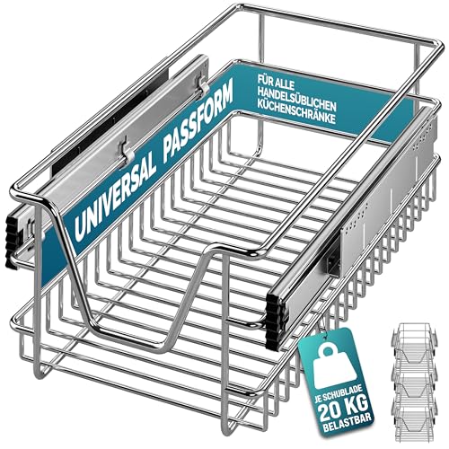 Casaria® 3x Teleskopschublade Nachrüsten Schublade Küche 30cm 20kg Belastbar Verchromt Korbauszug mit Zubehör Haushalt Küchenschrank Kleiderschrank von Casaria