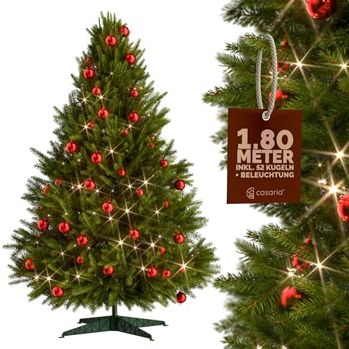 CASARIA® Weihnachtsbaum künstlich 180cm Lichterkette 60 LED warm weiß 52 Weihnachtbaumkugeln Rot Metallständer Weihnachten Christbaum Tanne PVC Grün von Deuba