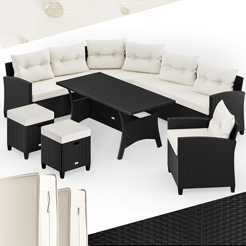 Casaria® Polyrattan Ecklounge Set WPC Esstisch Ecksofa Sessel 2 Hocker inkl. Sitzauflagen Kissen Wetterfest Outdoor Lounge Garten Terrasse Balkon Möbel von Casaria