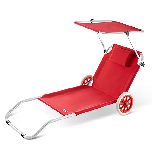 Casaria® Sonnenliege Klappbar mit Dach Strandliege mit Rollen Tasche Outdoor Klappliege Liegestuhl Abnehmbarer Sonnenschutz Liegestuhl 115kg Rot von Deuba
