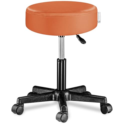 Casaria® Rollhocker Höhenverstellbar 10cm Polsterung 46-60cm Sitzhöhe 360° Drehbar Ø 35cm Rund Rollen Bürohocker Drehhocker Arbeitshocker Hocker Orange von Casaria