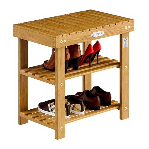 Casaria® Schuhregal mit Sitzfläche Holz Massiv 160kg Belastbarkeit FSC®-Zertifiziert Akazie 3 Ebenen Flur Bad Schuhbank Sitzbank Schuhschrank Braun von Casaria