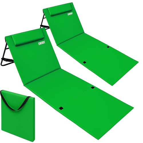 Detex® 2X Strandmatte mit Rückenlehne Gepolstert Grün Sonnenliege klappbar UV-beständig Tasche Reißverschluss Kissen Tragegurt Garten Camping Picknick Liegematte 158x56cm von Deuba