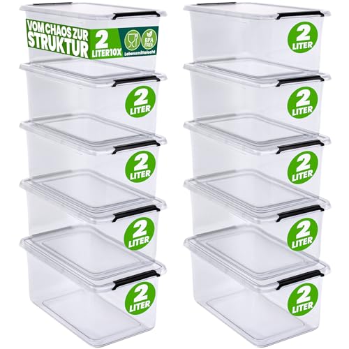 Deuba® 10x Aufbewahrungsbox mit Deckel 2L Box Kunststoff Kisten lebensmittelecht BPA frei klein Klickverschluss transparent stapelbar Küche Schlafzimmer von Deuba