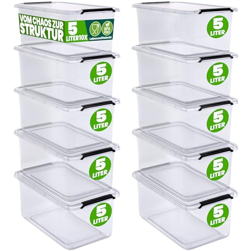 Deuba® 10x Aufbewahrungsbox mit Deckel 5L Box Kunststoff Kisten lebensmittelecht BPA frei klein Klickverschluss transparent stapelbar Küche Schlafzimmer von Deuba