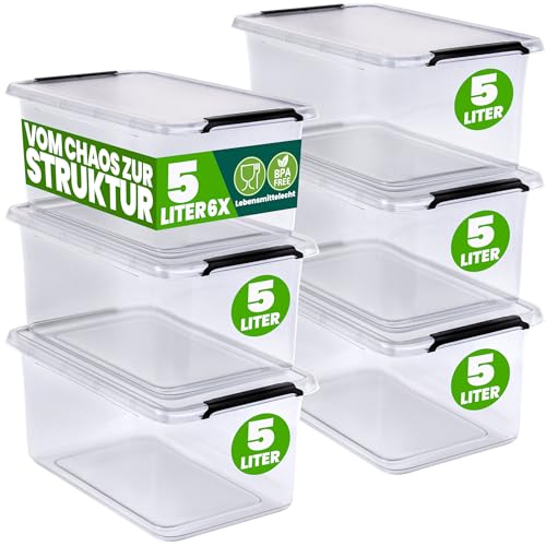 Deuba® 6x Aufbewahrungsbox mit Deckel 5L Box Kunststoff Kisten lebensmittelecht BPA frei klein Klickverschluss transparent stapelbar Küche Schlafzimmer von Deuba